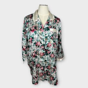 Vintage Satin Collared Plaid Floral Sleep Shirt Pajama Top Cottagecore XL
